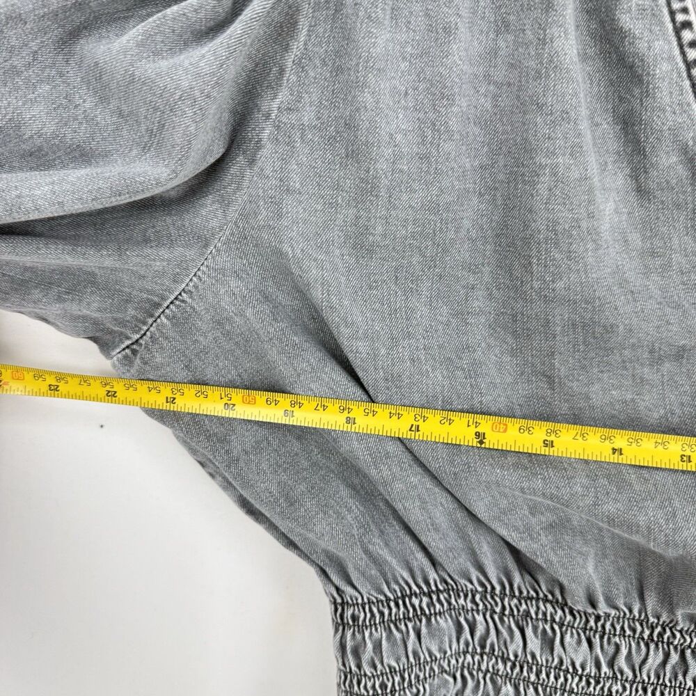 GAP Women’s Gray Denim Blouse V-Neck Smocked Waist Puff Long Sleeve Size L - Picture 16 of 16